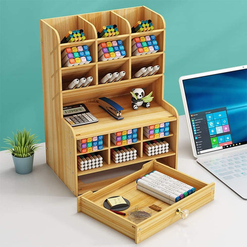 Wooden Desk Organizer with Drawer, Large Capacity DIY Pen Holder Storage Box, Caddies for Office, Home and School
