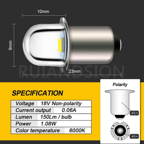 Ruiandsion Upgrade LED Flashlight Bulb, 18V P13.5S Base, White LED Replacement for Torch Lights, Non-Polarity, Pack of 5