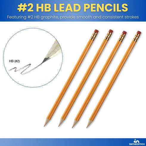Pre Sharpened Pencils #2, 1InTheOffice, 2 HB, Wood-Cased, Black Lead, Yellow Barrel (144) with Eraser