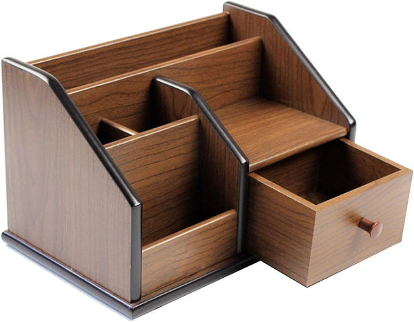 N Desk Organizer Wood with Small Drawer for Office and Home, Remote Control Holder, Pencil Holder