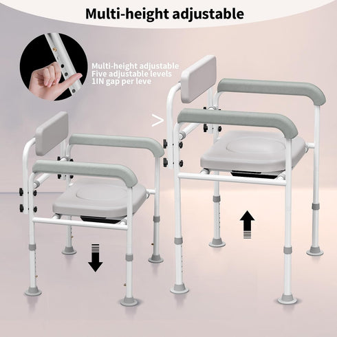 SeatYuPro Commode Adjustable Medical Bedside Chair with Padded Backrest, Drop Arm Support, Height Adjustable White