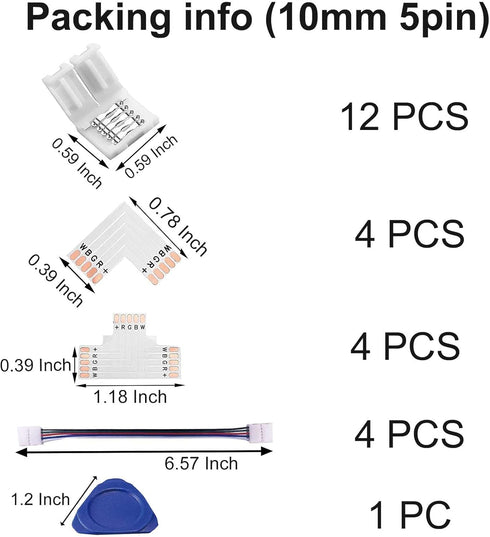 LED Strip Connector Kit, 5 Pin 10mm Includes L Shape and T Shape for 5050 RGBW Led Strip Lights