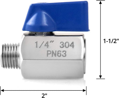 2 Pack 1/4" 304 QWORK Mini Ball Valve, NPT Thread Female and Male Stainless Steel Shut-Off Valves
