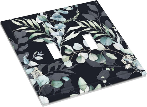 Decorative Switch Plate Covers Boho Black Grey Eucalyptus Leaf Floral, 2 Gang Double Toggle Light Switch Cover for Home