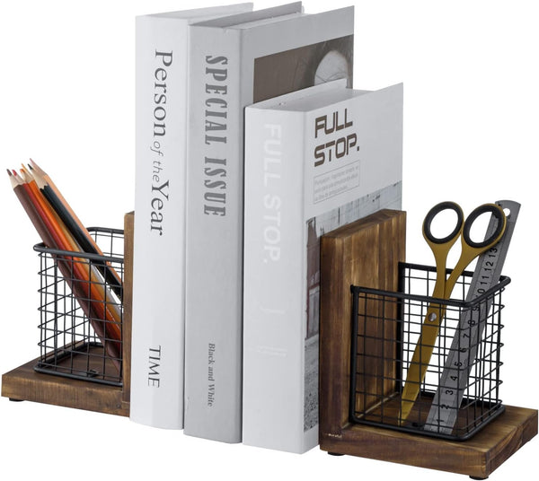 MyGift Rustic Burnt Wood Decorative Bookends with Matte Black Metal Wire Basket for Office Supplies, 1-Pair