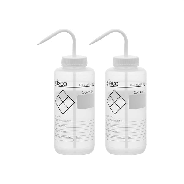 EISCO 2PK Chemical Wash Bottle, 1000ml Wide Mouth, Self Venting, Low Density Polyethylene for Labs