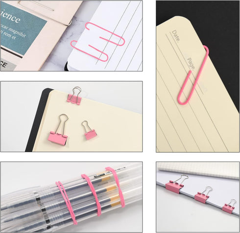 Pink Binder Clips, 380 PCS Assorted Sizes Paperclips and Rubber Bands for Files and Home Supplies