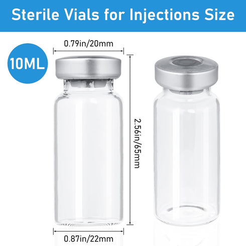 10ml Glass Vials for Injection, with Self Healing Injection Port, Transparent Sealed, Empty Vials for Injection (50,