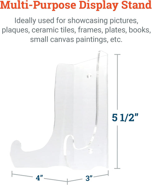 Clear Acrylic Easel - 6” Display Stand for Picture Frames, Plaques, Ceramic Tiles, Plates, and More