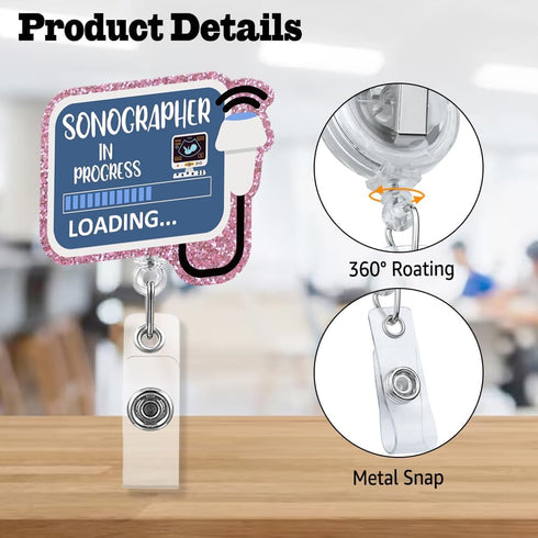 Sixrip Sonographer in Progress Retractable Glitter Irregular Badge Reel with Alligator Clip, Funny Badge Holder Gift