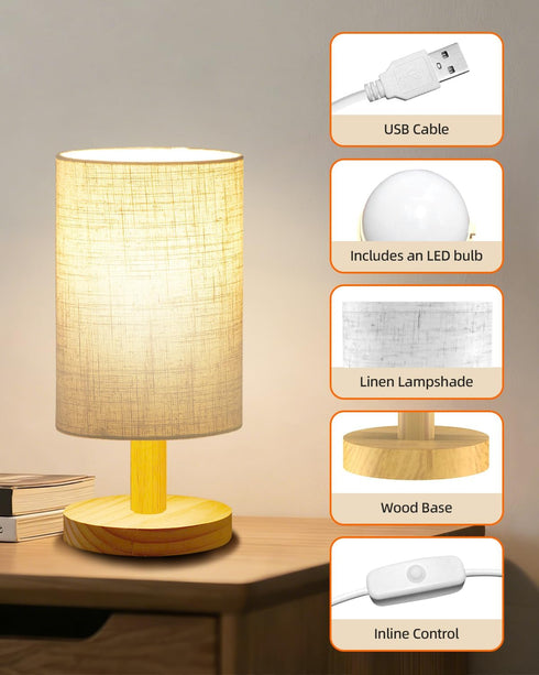 pickrelax Small Table Lamp for Bedroom - Inline Control, Bedside Lamp for Warm Light LED Desk Lamp, Wood Base Round