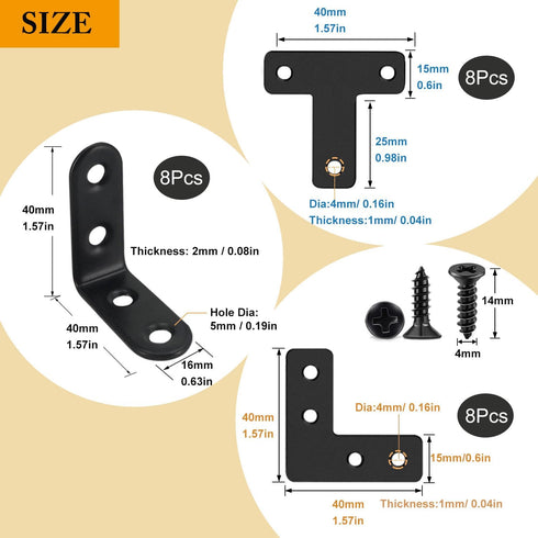24 Pack L Bracket Corner Brace Sets, 1.57x1.57 Inch Black Stainless Steel 90 Degree Right Angle Brackets Fastener L Braces with 88 Screws for Wood, Shelves, Furniture, Cabinet