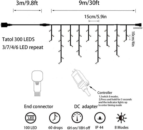 YASENN 300Led Icicle Style String Lights 29.5FT,Update Connectable 8 Lighting Modes with Timer Icicle Lights for Home Garden Outdoor Indoor Eave Decor (Cool white LED white cable) by YASENN