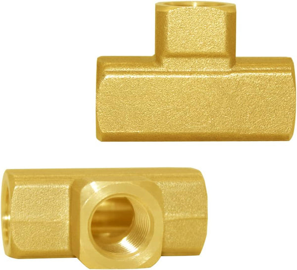 Joywayus Brass Pipe Fitting Barstock Tee, 3 Way 1/4" NPT Female Hose Fitting, Pack of 2