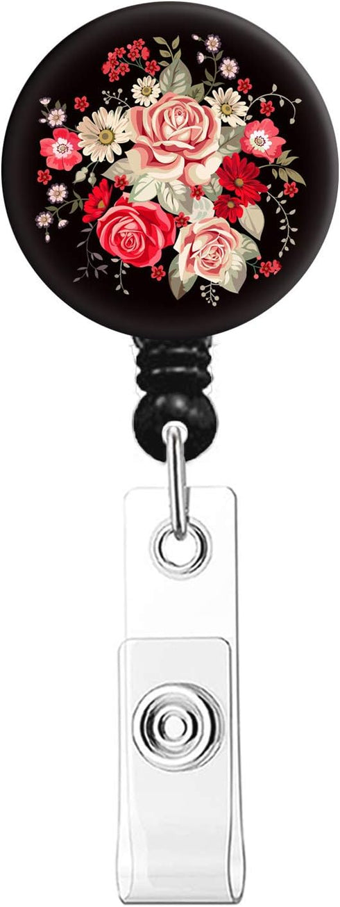 Nursing Badge Reels Retractable Clip - Cute Peony Badge Holder Name Decorative ID Card Holders (3 Pack)