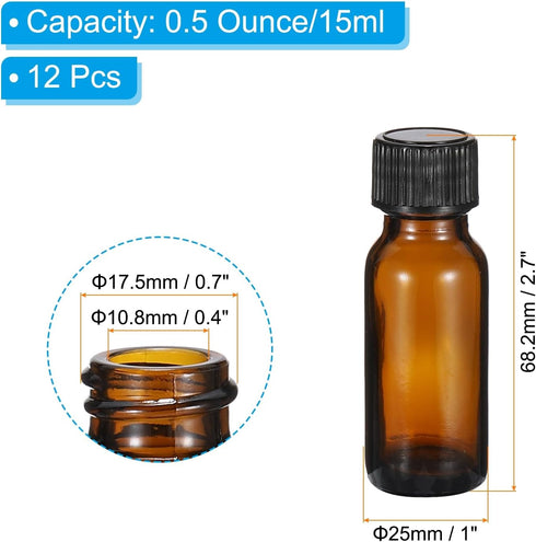 PATIKIL 0.5oz(15ml) Glass Sample Bottles, 12Pcs Round Bottle Dispensing Bottles with Black Poly Cone Cap for Reagent Liquids, Essential Oils, Perfume, Amber by PATIKIL