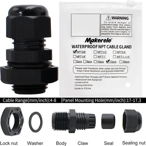 MAKERELE NPT 3/8” Nylon Cable Glands, IP68 Waterproof Strain Relief Cord Connector