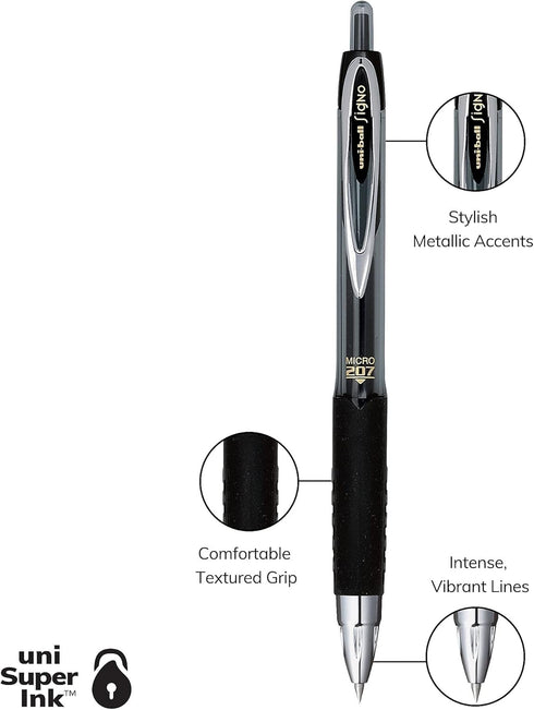 Uni-Ball Signo 207 Gel Pen 12 Pack, 0.5mm, Black, Writing Instrument