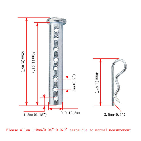 Heavy Duty Adjustable Clevis Pin ,Fastener Tool Size 1/2 x 2inch Zinc Steel 8 Holes W/ Matching R- Clip (8)
