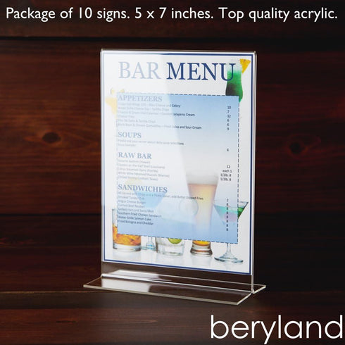 BERYLAND 5x7 10 Pack, Acrylic Sign Holder Paper Stand, Vertical Clear Frame, Double Sided Table Tent, Plexiglas