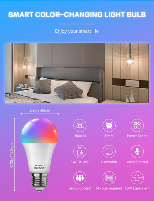 Smart Light Bulbs 4 Pack with Remote, A19 E26 800LM Color Changing LED, WiFi & Bluetooth 5.0, Dimmable, Works with Alexa