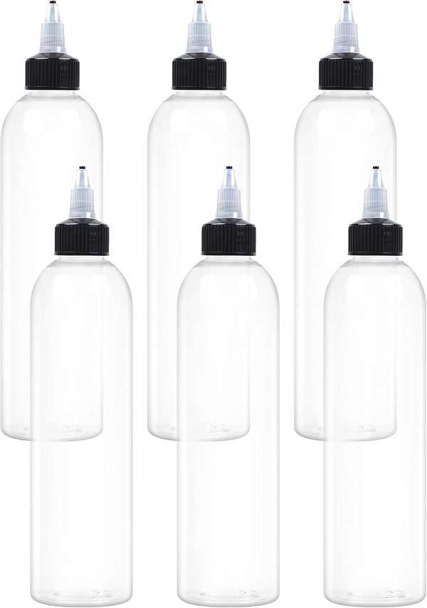 6Pcs 8oz Squeeze Bottles with Black Twist Top Cap, 60ml Clear Refillable Bottles for Hair Oil, Inks, Crafts