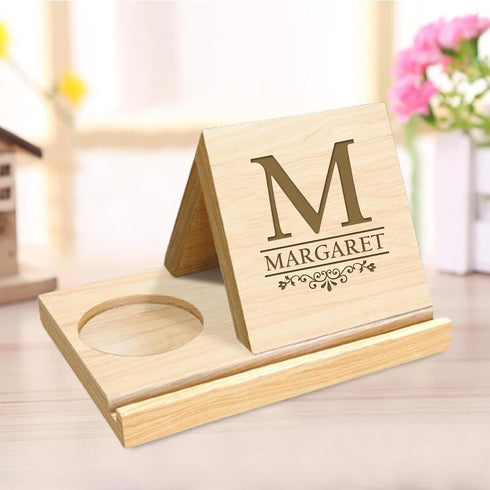 Lovdeying Personalized Wooden Triangle Book Holder Stand Custom Solid Oak Wood Book Rest with Cup Holder Engraved Text
