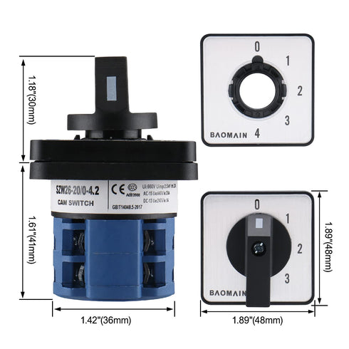 Baomain Cam Changeover Switch, AC 660V 20A, 8 Terminals, 5 Position Rotary Select Switch