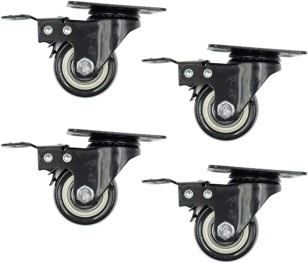 4Pcs 1.5 Inch Heavy Duty Swivel Caster Wheels, Rubber Base with Brake & Top Plate, Loading 50kg/110lbs, Black Rubber