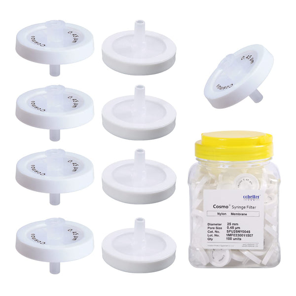 100 Pack Syringe Filter Nylon Lab Filters, 0.2µm Pore Size, 25mm Diameter, Hydrophilic Filtration, Non-sterile White