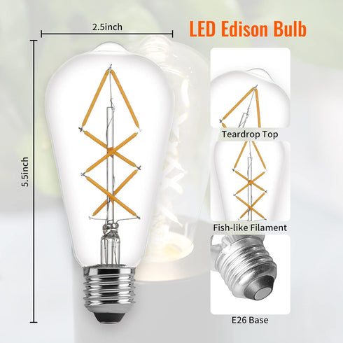 Fishbone Filament LED Edison Bulbs, 60 Watt Equivalent ST64 E26, Dimmable Vintage Light Bulbs, 600 Lumen, 4000K Daylight