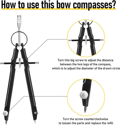 Zonon 12 Pcs Professional Geometry Compass Drawing Tool, Metal Compass with Extra Refills for School