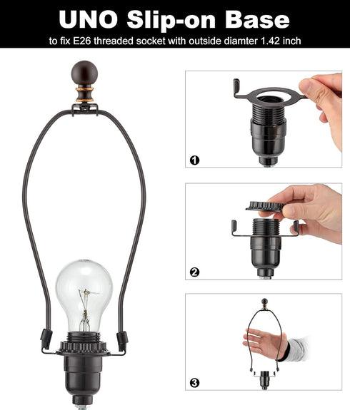 Bronze Lamp Shade Holder with 2 Set Lamp Finials - 10 Inch Lamp Harp, E26 Light Base UNO Fitter Adapter