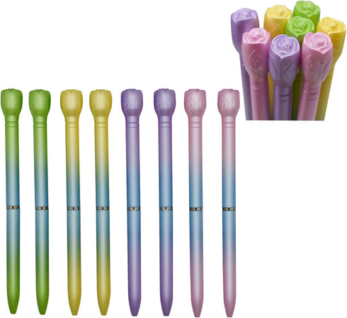 Maydahui 12 PCS Colorful Rose Ballpoint Pens - Retractable Flower Pens with Black Ink for School & Office