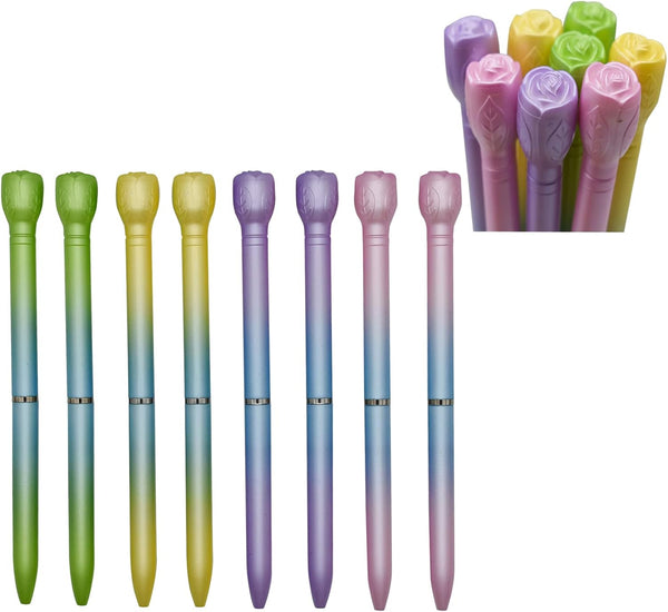 Maydahui 12 PCS Colorful Rose Ballpoint Pens - Retractable Flower Pens with Black Ink for School & Office