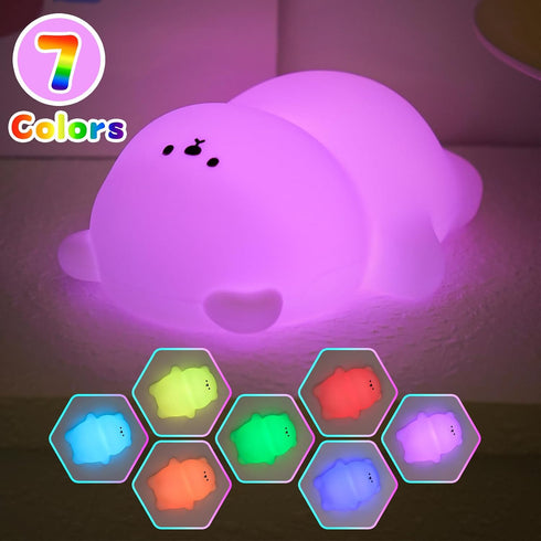 7 3 Dimmable Night Light for Kids, Cute Lying Flat Bear Led Night Light with Colors & Timer, Levels Silicone Kids Night