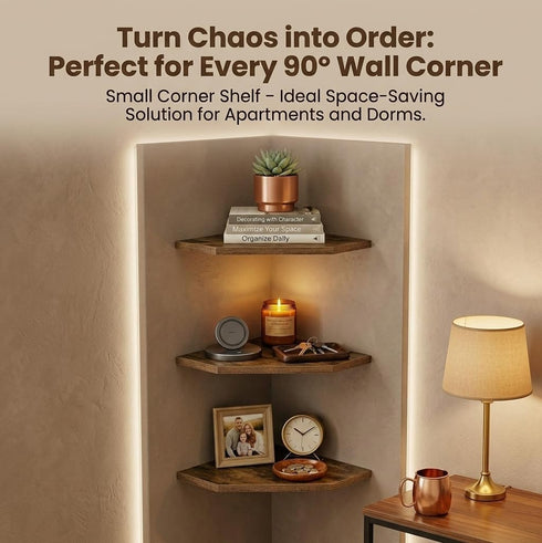 SUYU Set 3 11.8" of Floating Corner Shelves, Rustic Wood Corner Shelf Wall Mounted, L-Shaped Corner Wall Shelf