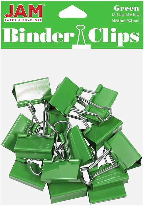 JAM PAPER Colorful Binder Clips - Medium 1 1/4 Inch (32 mm) Green Binderclips, 15 Pack for Office Supplies