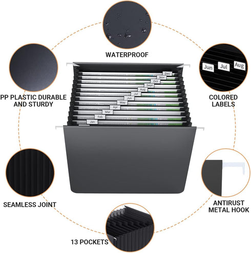 Black Hanging File Folders,Expanding File Organizer,File Cabinet Letter Size,13 Innovative Accordion Pockets,Monthly Tabs,Large Capacity, Durable Plastic Desk Organizer 2 Black by TOPCJ
