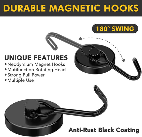 MIKEDE Magnetic Hooks, 110LB Heavy Duty Neodymium Black Magnet Hooks for Indoor Outdoor Hangers, 6 Pack