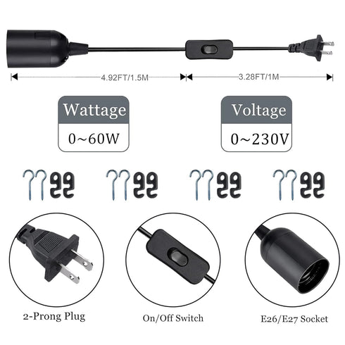 8.2Ft E26/E27 Bulb 2 Pack Plug in Light Socket - Pendant Hanging Lantern Cord - Lamp Cord with Switch Light Extension