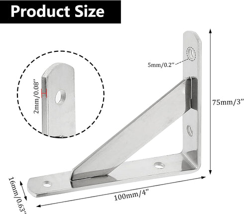 Augiimor 4PCS 4 3 Inch 2mm Stainless Steel Shelf Bracket, x Solid Heavy Duty Shelf Bracket, Corner Brace L Brackets