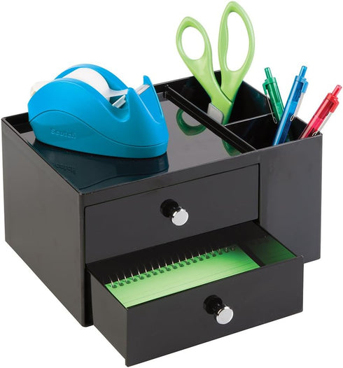 iDesign Office Supplies Desk Organizer, for Staplers, Scissors, Pens, Markers, Highlighters, Notepads - 2 Drawers, Black by InterDesign