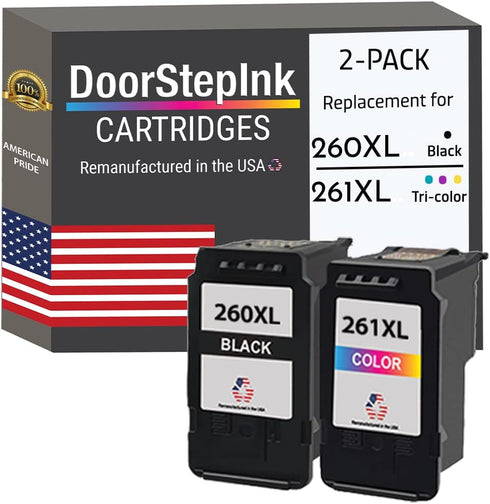DoorStepInk Remanufactured Ink Cartridge Replacements for Canon PG-260XL 260 XL CL-261XL 261 XL Black Color 2 Pack for