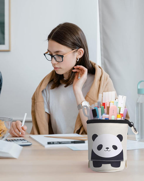 Sooez Cute Panda Standing Pencil Case, Durable Pop Up Telescopic Holder, Spacious Portable Pouch for School Office