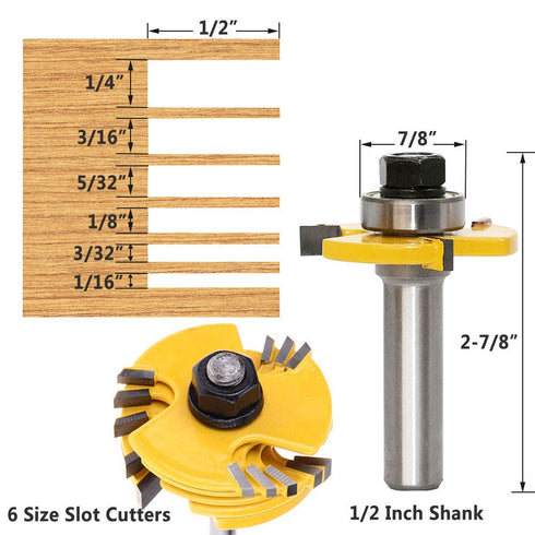 Yakamoz 1/2 Inch Shank Adjustable 3 Wing Slot Cutter Router Bit Set with 6 Pieces Slotting Cutters, 1/2 Inch Cutting