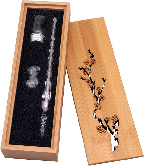 Vintage Handmade Glass Dip Pen Set, Elegant Crystal Signature Pen Gift (Light Pink)