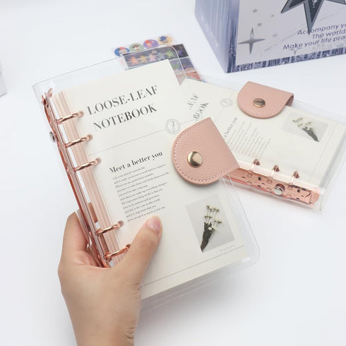Clear A6 Binder, 6-Ring Soft PVC Cover, Rose Gold Round Ring, PU Leather Snap Button Refillable Notebook Protector with