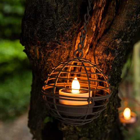 TWINKVILLA Decoration-4Pack Solar Hanging Lanterns Outdoor Waterproof, Rust Iron Ball Candle Holder with Flickering