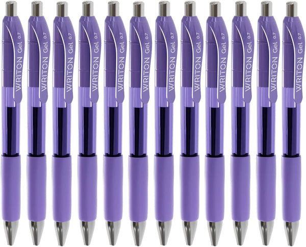 Writon Retractable Gel Pens, 12 Pack, Comfort Grip, 0.7mm Fine Point, Purple Ink